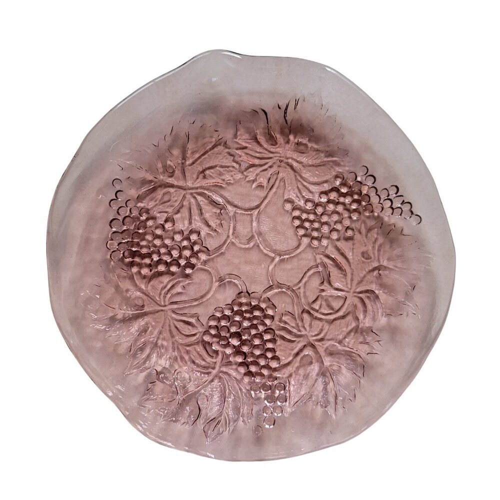 Pink Glass Plate with Embossed Grapes and Leaves 9" Diameter Wavy Edge 742 grams